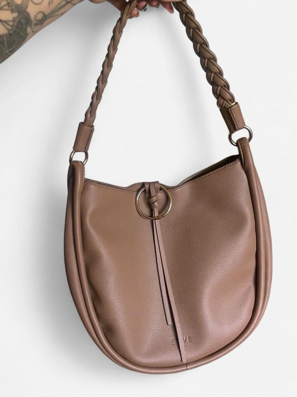 EVVE Milano Nora Braided Handle Hobo Shoulder Bag Taupe Vegan Leather